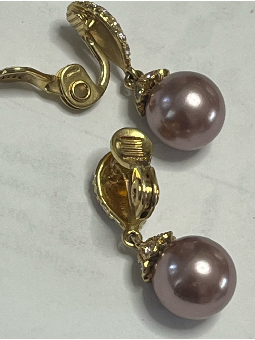 Monet Gold-Tone Earrings with Pink Pearl Drops and Crystal Accents - Picture 2 of 2